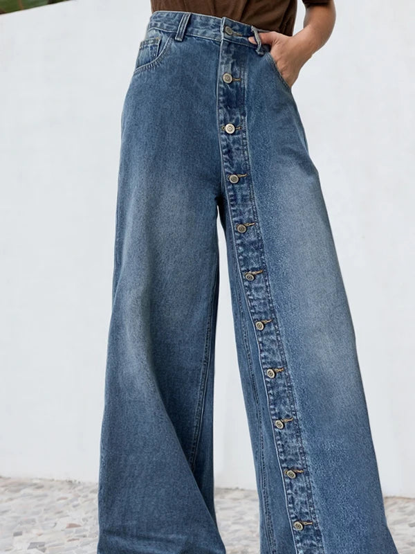 Krismile Baggy Pockets High Waisted Loose Jean Leisure Pants Bottoms