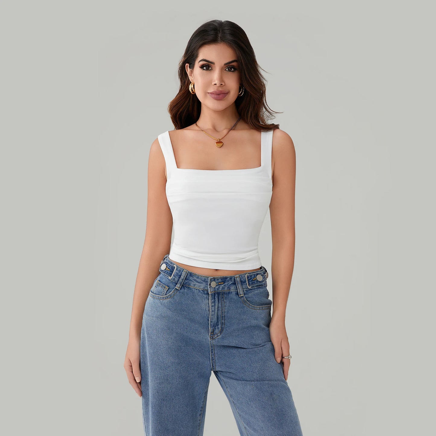 BG Tank Tops Backless Sleeveless Ruched Square Neck Slip Crop Tops