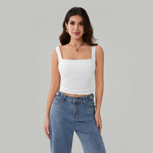 BG Tank Tops Backless Sleeveless Ruched Square Neck Slip Crop Tops