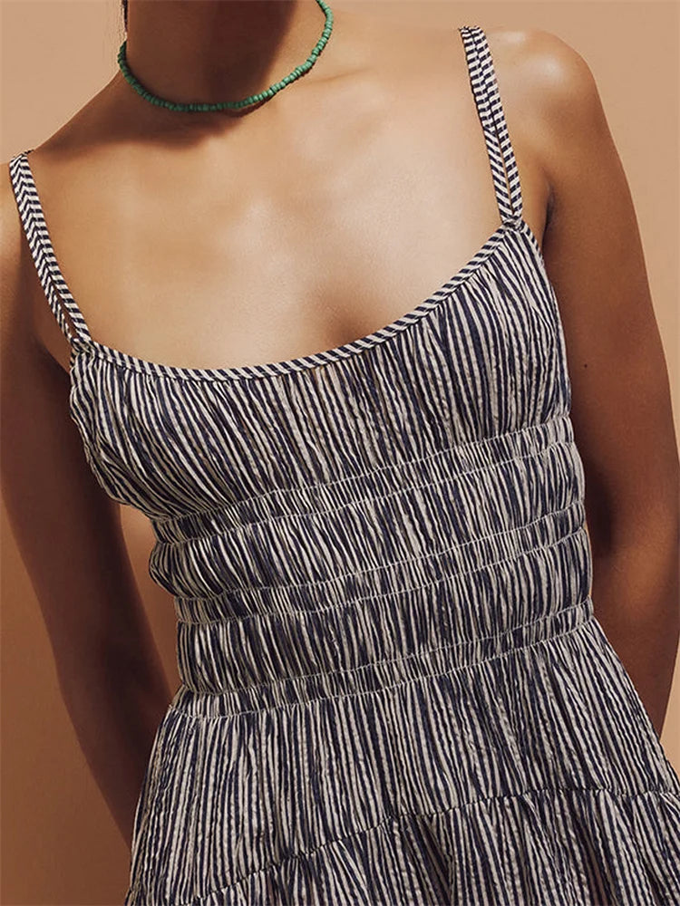 BCG Ruched  Striped Print Spaghetti Strap Sleeveless Backless Tie-Up A-line Dress with Pockets