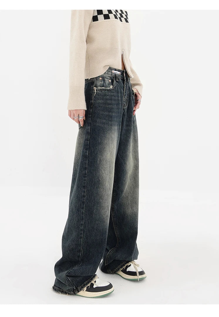 Hara Retro High Waist Loose Wide Leg Straight Loose Denim