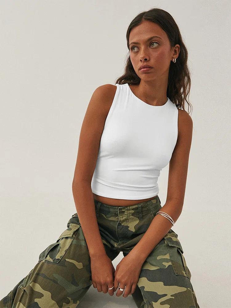 Sorina Sleeveless Tight Bottomed Shirt With Round Neck Racerback Top