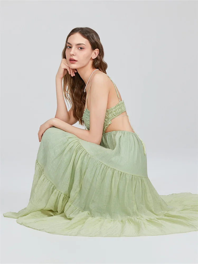 Patty Boho Flowy Spaghetti Strap Cut Out Backless Ruffle A-line Dress