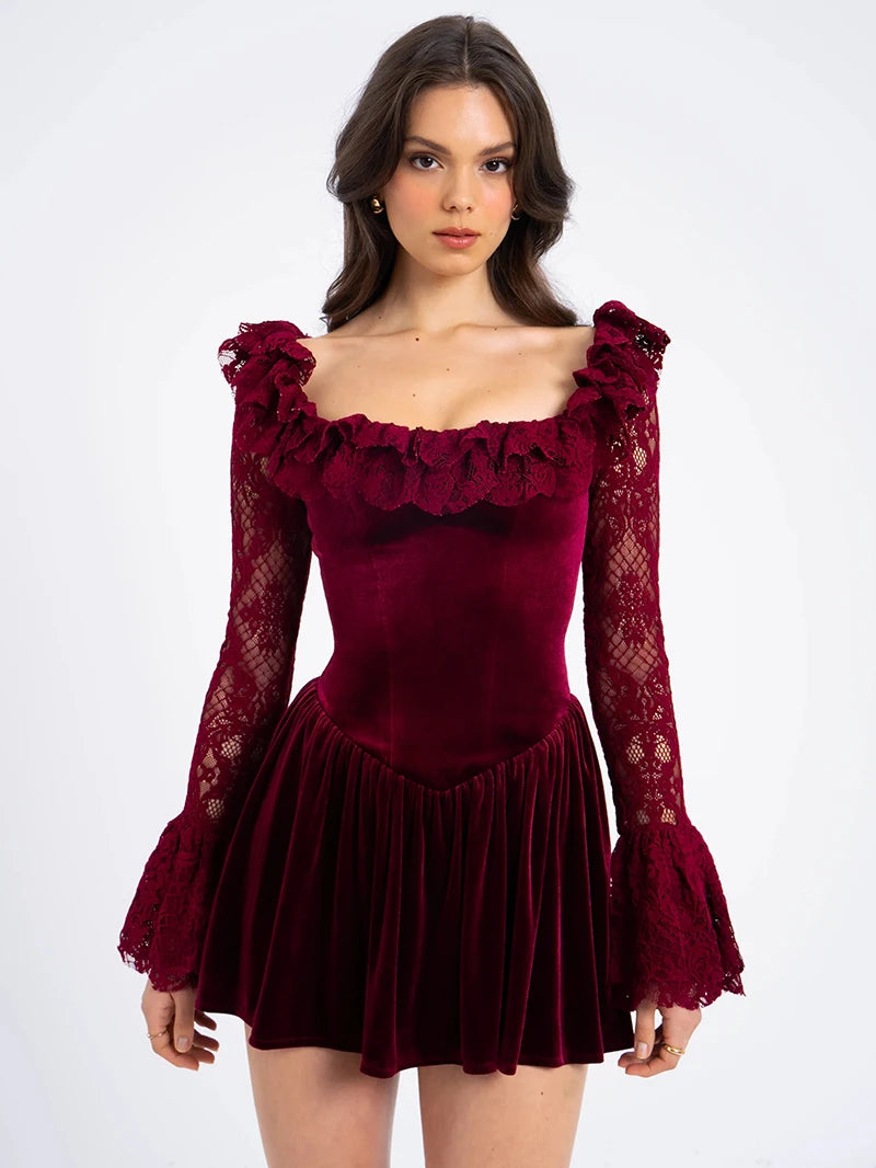 Moonla Lace Flare Long Sleeve Lace-up Square Collar Backless Dress
