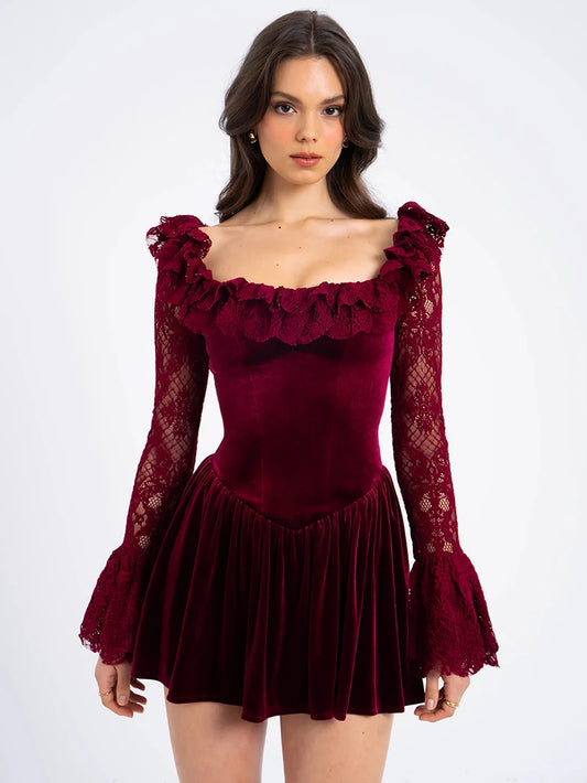 Moonla Lace Flare Long Sleeve Lace-up Square Collar Backless Dress