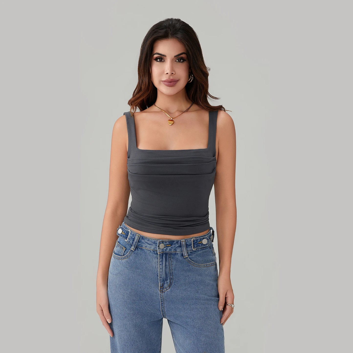 BG Tank Tops Backless Sleeveless Ruched Square Neck Slip Crop Tops