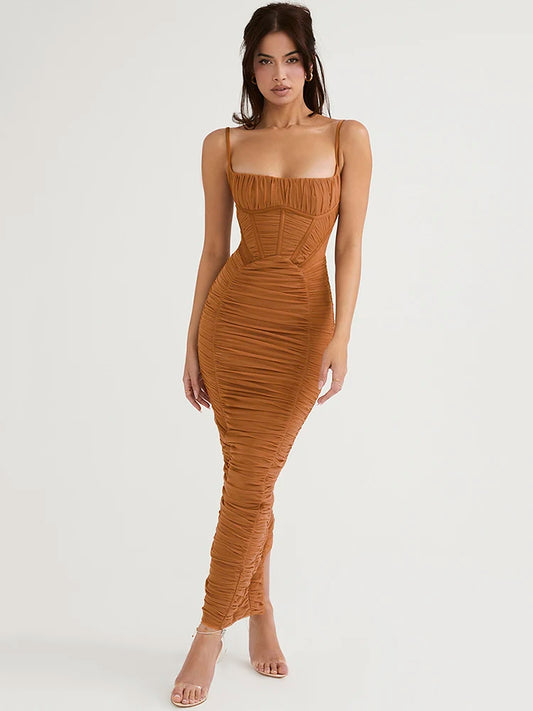 Mozi Corset Ruched Strap Sleeveless Backless Zipper Maxi Dress