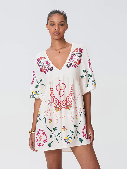 BC Floral Print Loose Mini Dress Sleeve V-Neck