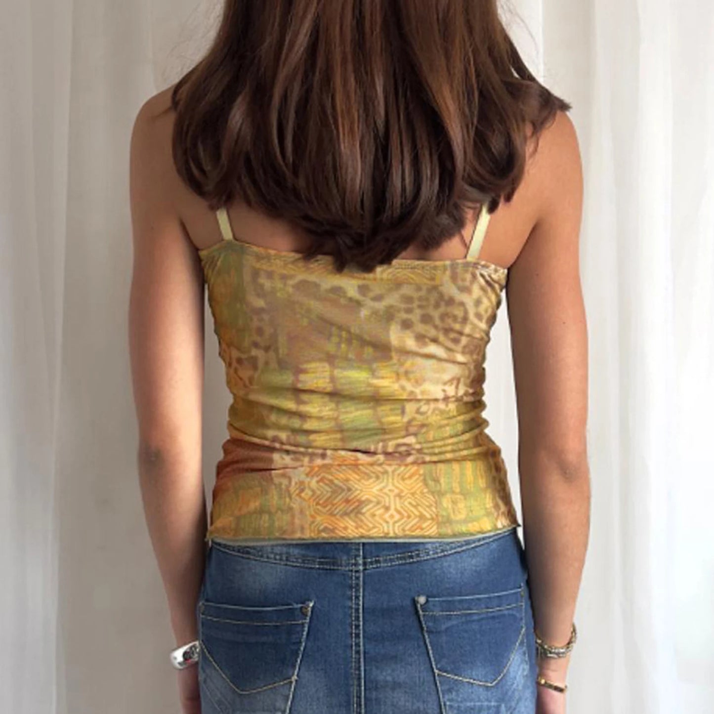 Aubrey Y2K Vintage Print Ribbon Tie-up Front Cami Tank Top