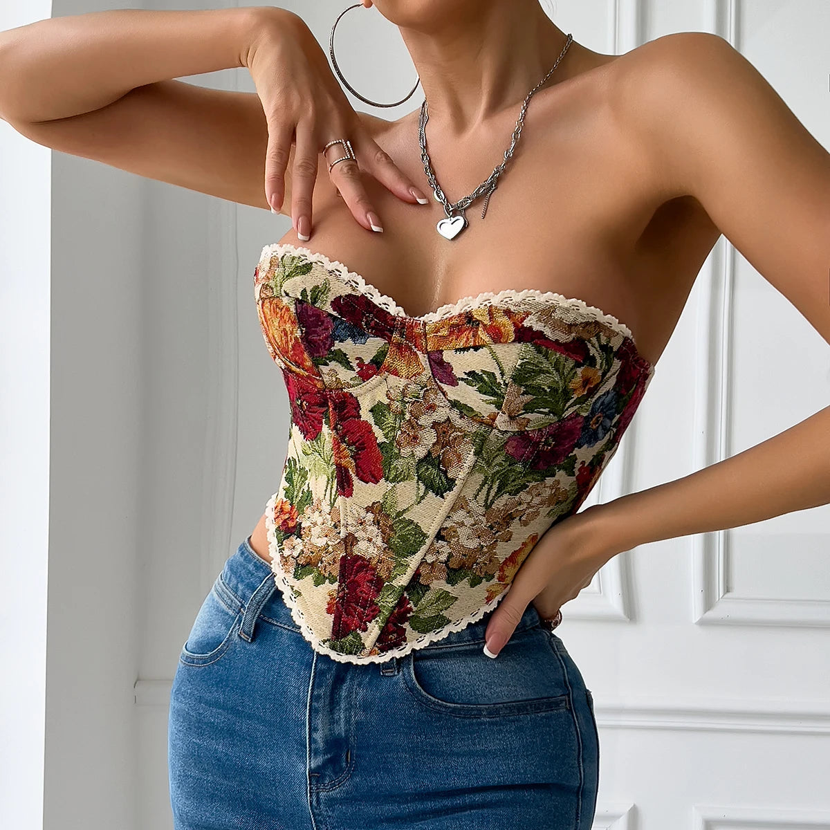 Y2K Retro Street Sleeveless Bare Shoulder Crop Top Lace Embroidery Floral Backless Strapless Corset