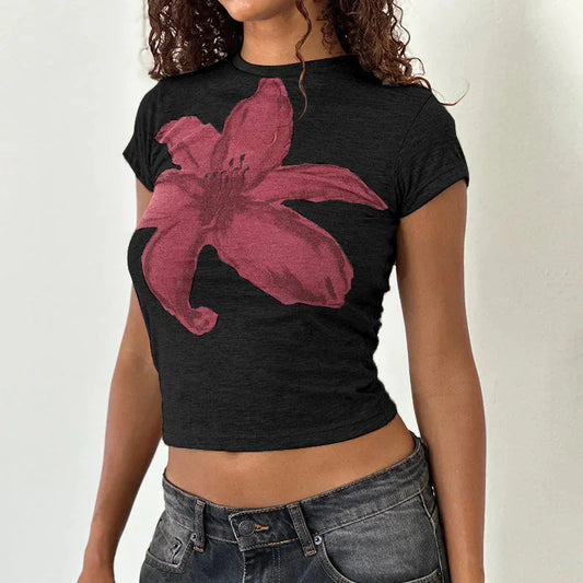 Lala Y2K Cropped Tee Tops Short Sleeve Crewneck Aesthetic Flower T-Shirt