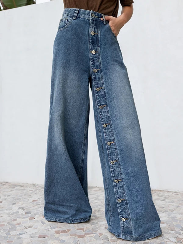 Krismile Baggy Pockets High Waisted Loose Jean Leisure Pants Bottoms