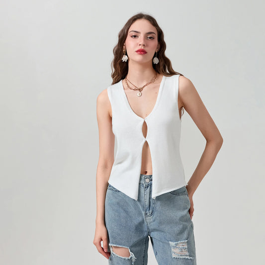 BC Knit Retro Sleeveless V-Neck Button-up Tank Tops S