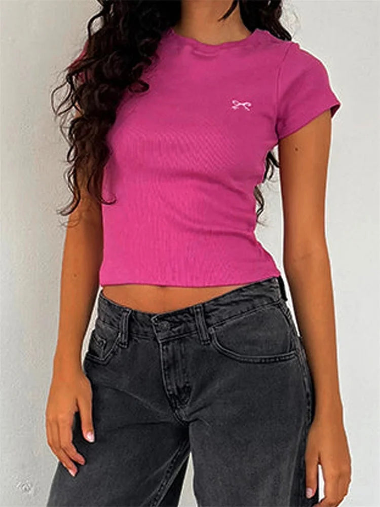 VIvia Crop Top Round Neck Short Sleeve Bow Embroidery Ribbed T-Shirt