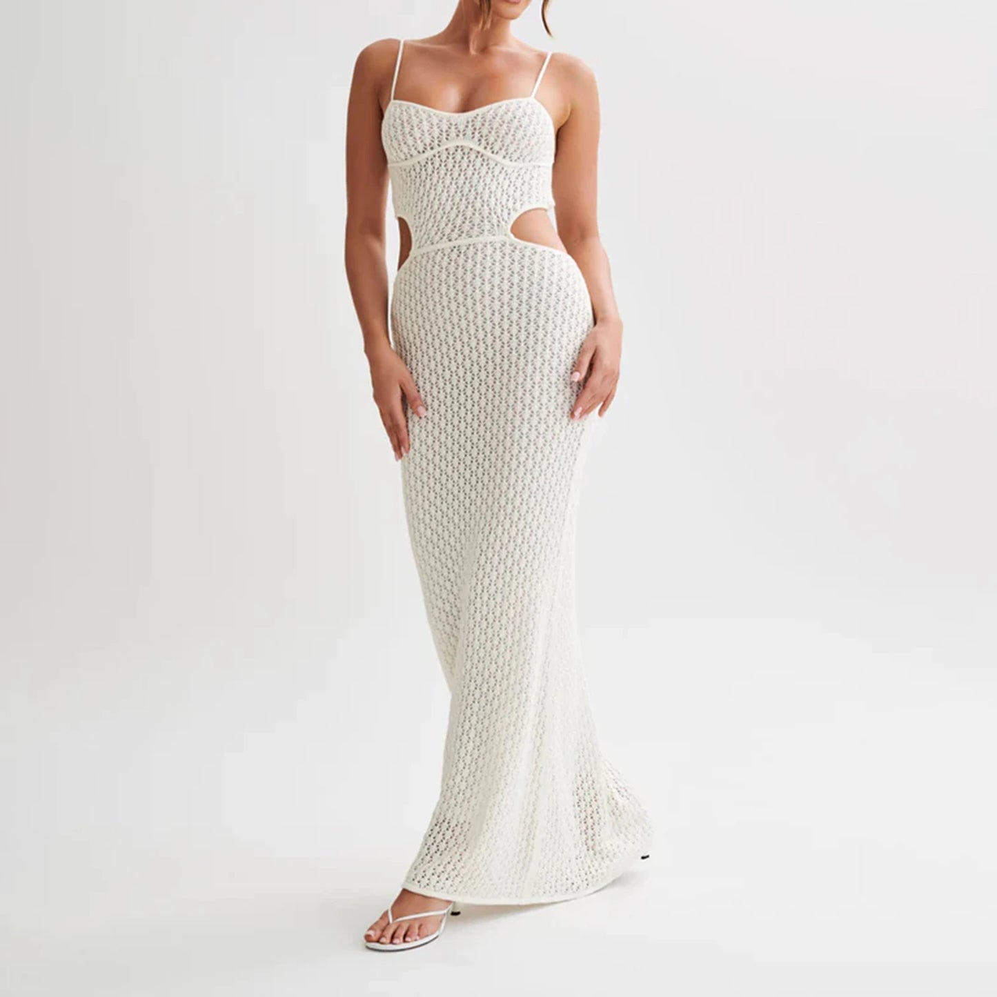 Cyndy Crochet Strap Knit Cut Out Backless See-Through Maxi Dress