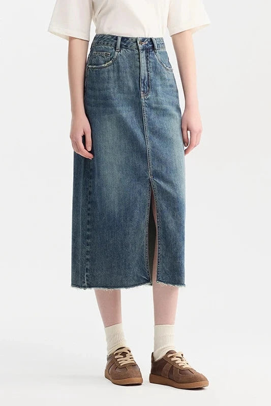 Denim Skirt With High Slit And Straight-Cut Skirt