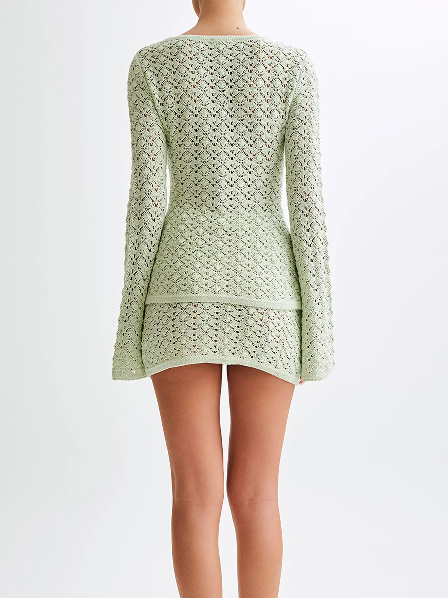 BC Knitted 2 Piece Set Crochet Hollow Out Long Sleeve Button Cardigan Crop Tops Mini Skirt
