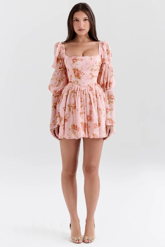 Articat Elegant Horn Long Sleeve Bodycon Printed Short Skirt Female Sexy Square Neck Slim Female Dress Party Club Evening Dress