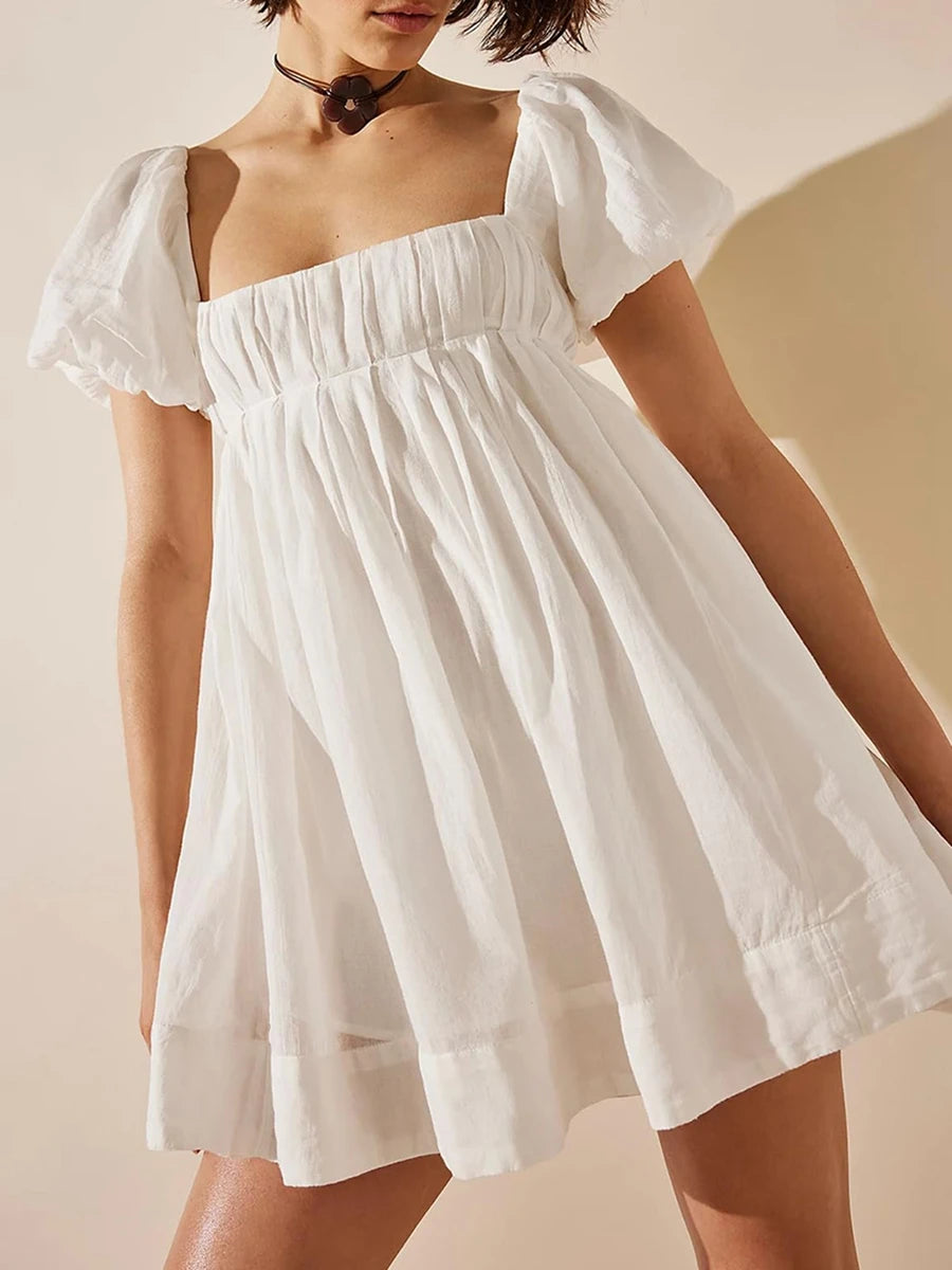 Barb Y2k Puff Sleeve Short Dress Square Neck Tie Back Mini Dress