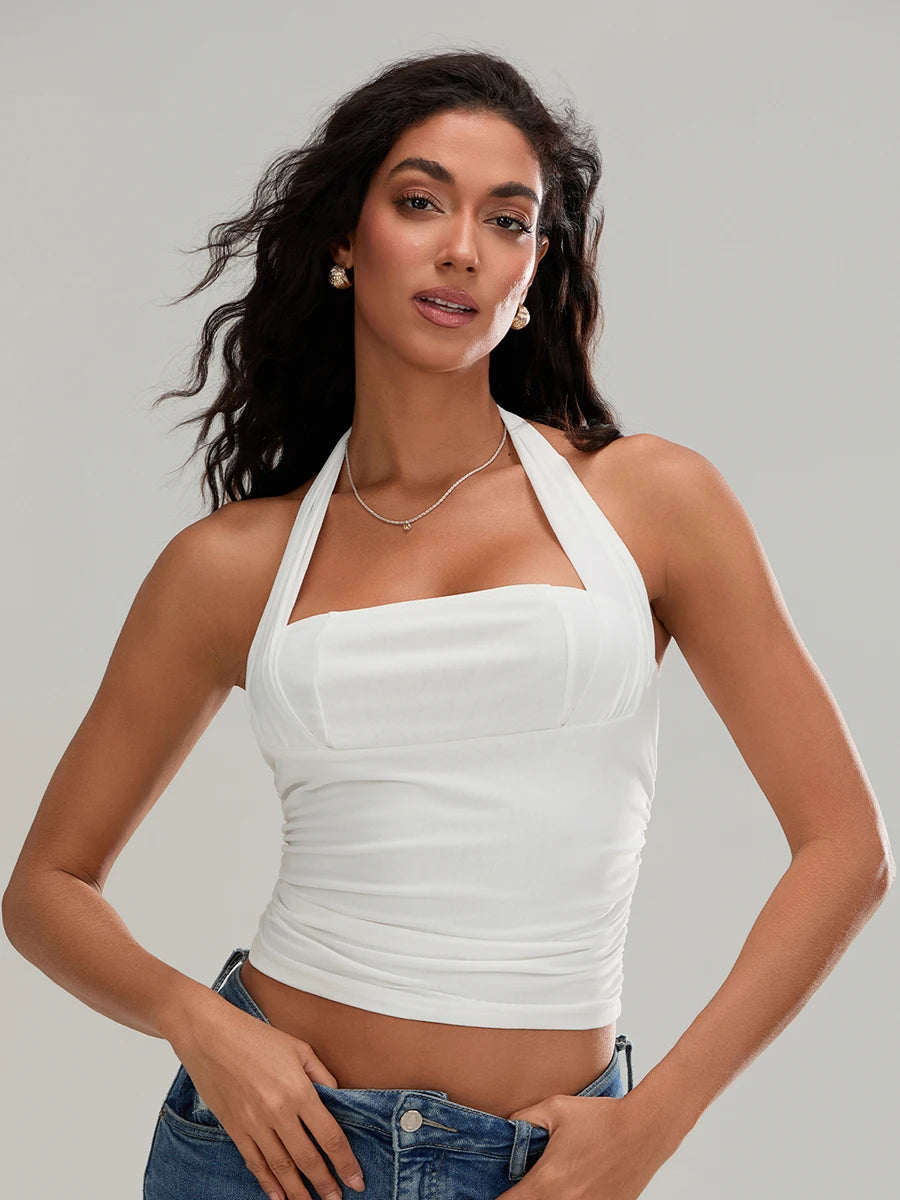 BG Backless Halter Neck Crop Tank Tops Sleeveless Ruched