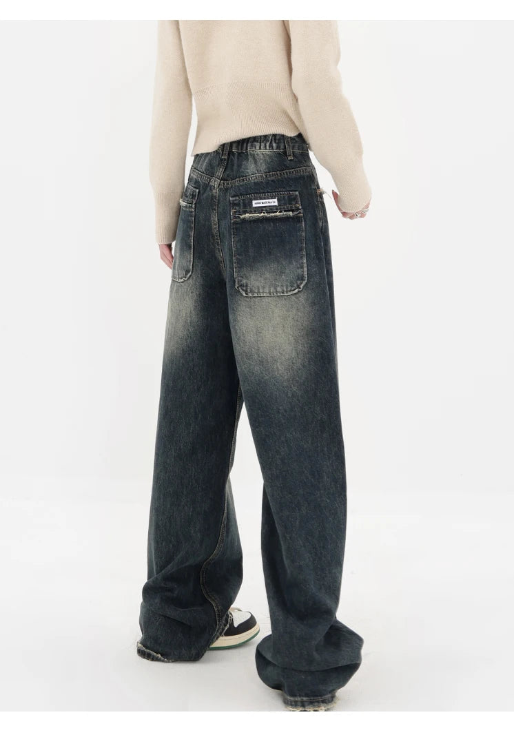 Hara Retro High Waist Loose Wide Leg Straight Loose Denim
