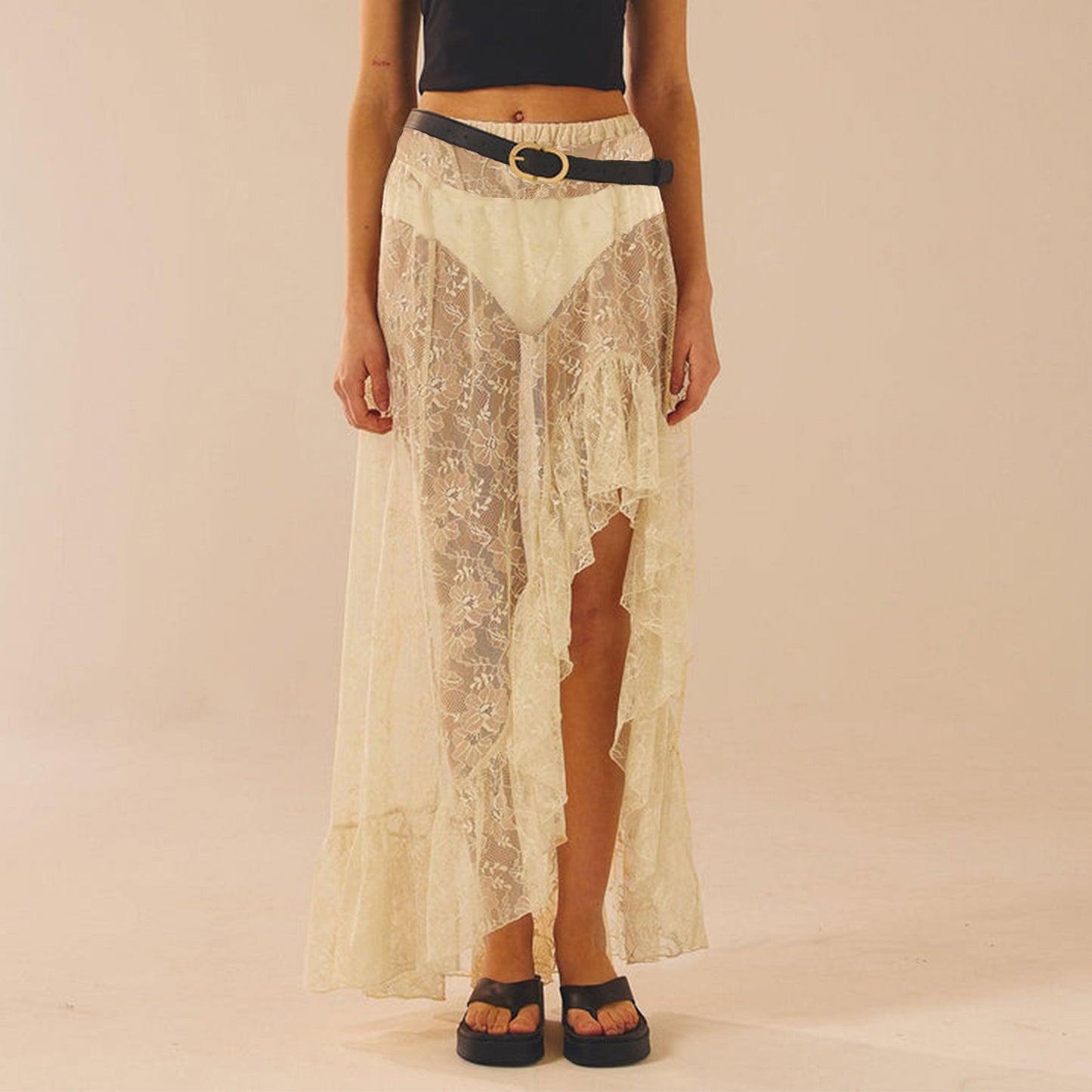 BC  Asymmetrical Lace  Flowy Vintage High Waist Ruffle Midi Aesthetic See Through Elastic Skirts