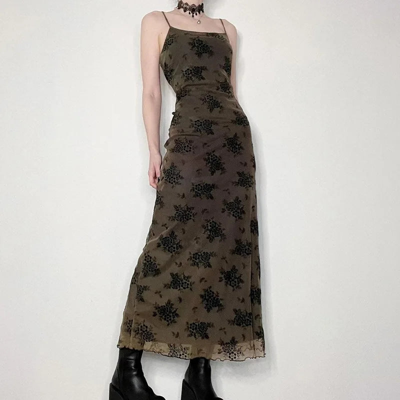 Lolita Floral Print Sleeveless Mesh Patchwork Dress