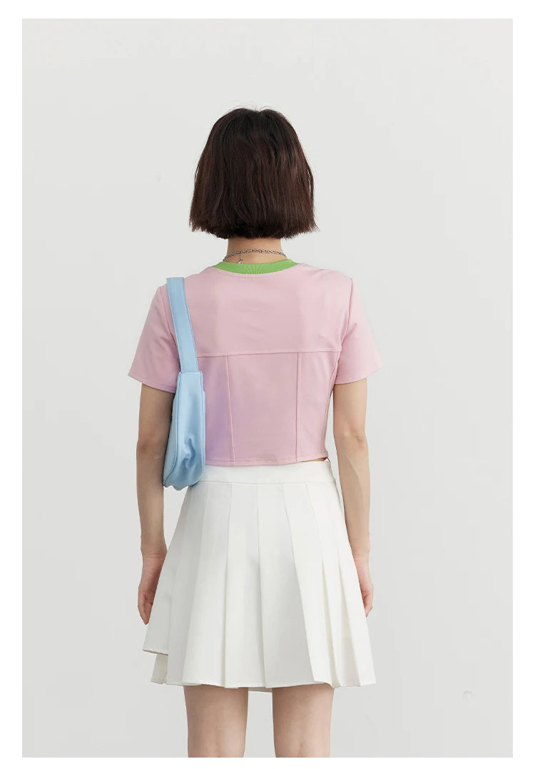 Tees Contrast Neckline Short Sleeve Split T-shirt