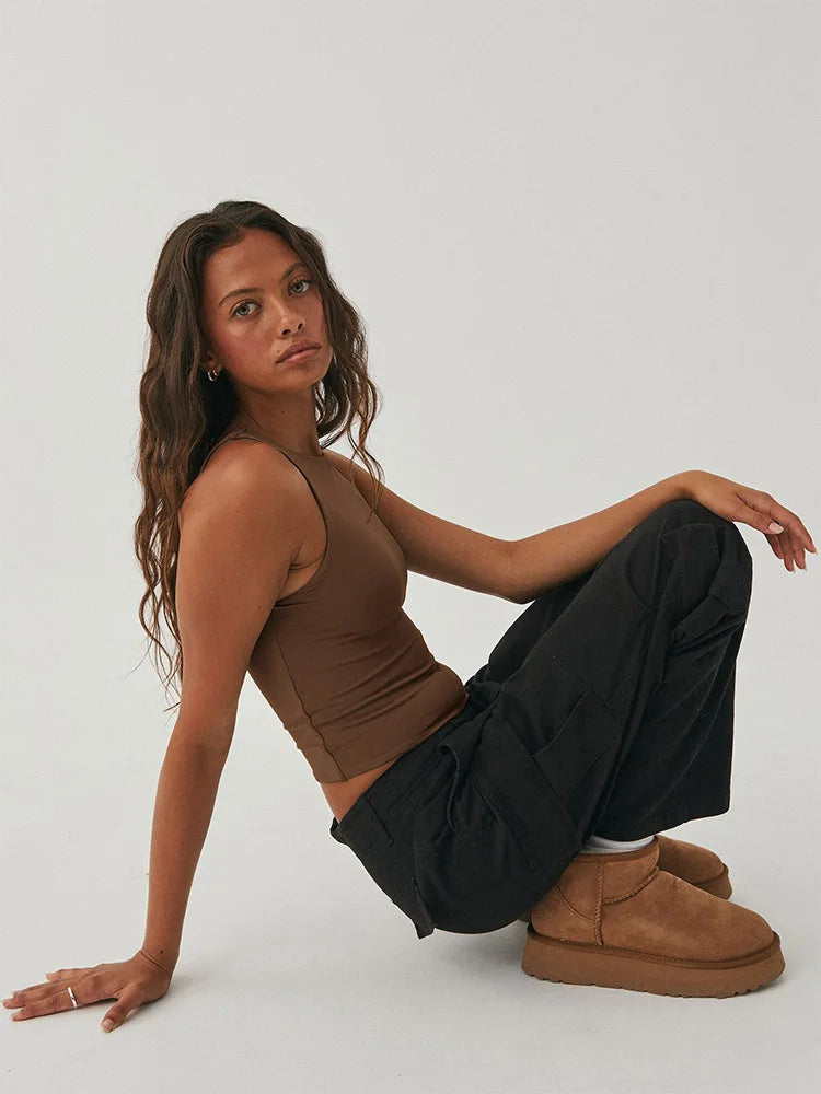 Sorina Sleeveless Tight Bottomed Shirt With Round Neck Racerback Top