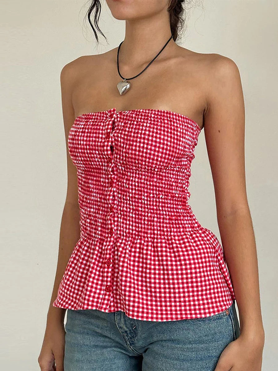 Y2k Ruffle Sleeveless Button Aesthetic Plaid Print Top