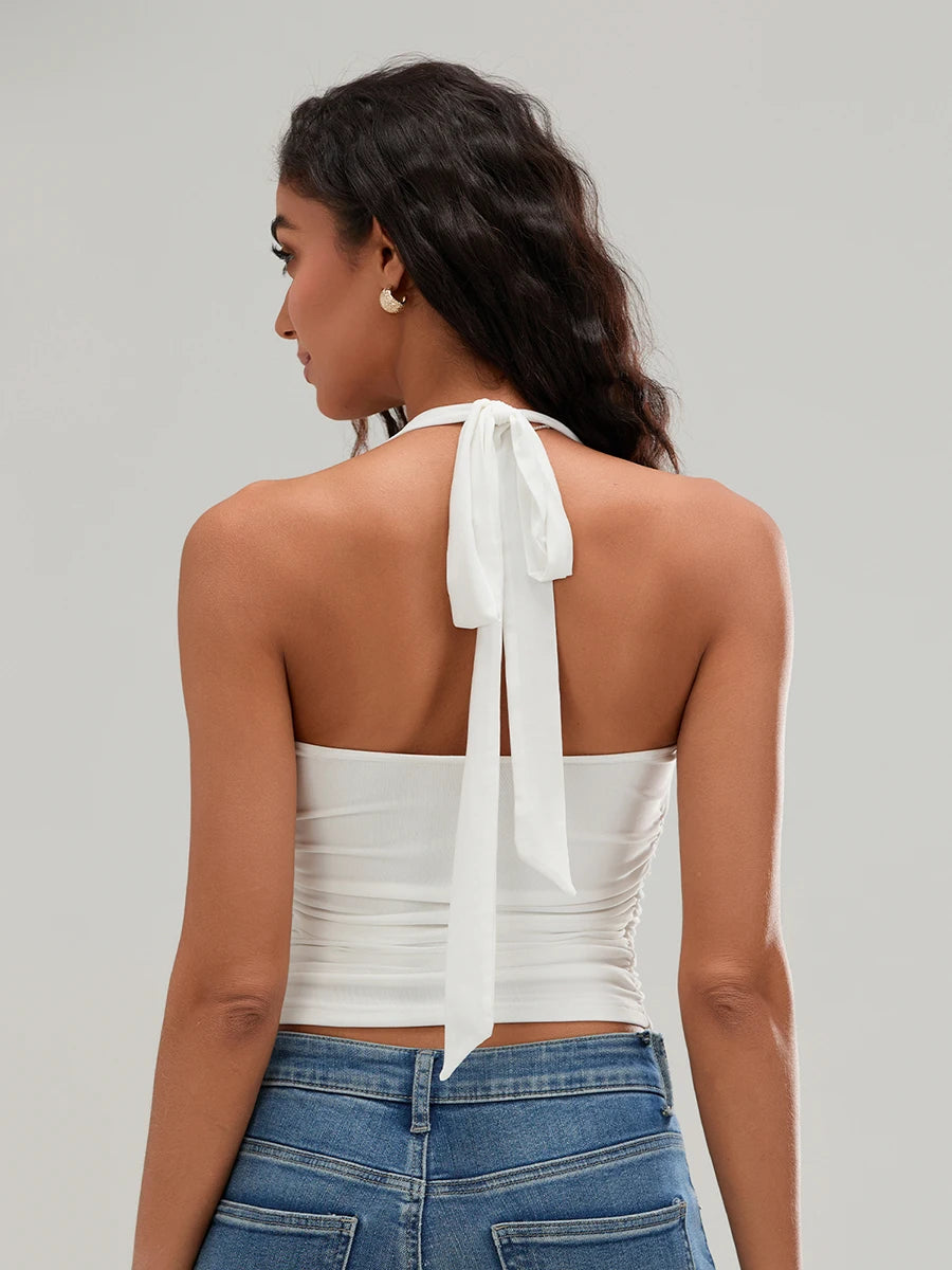 BG Backless Halter Neck Crop Tank Tops Sleeveless Ruched