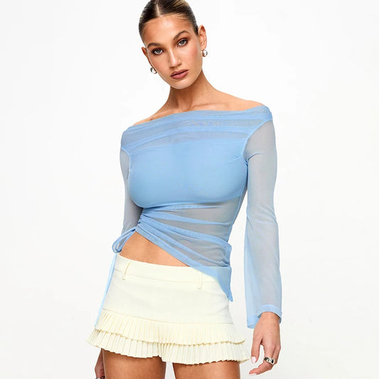 BG Long-Sleeve One-Shoulder Mesh Top See-Through Shrunk Pleated