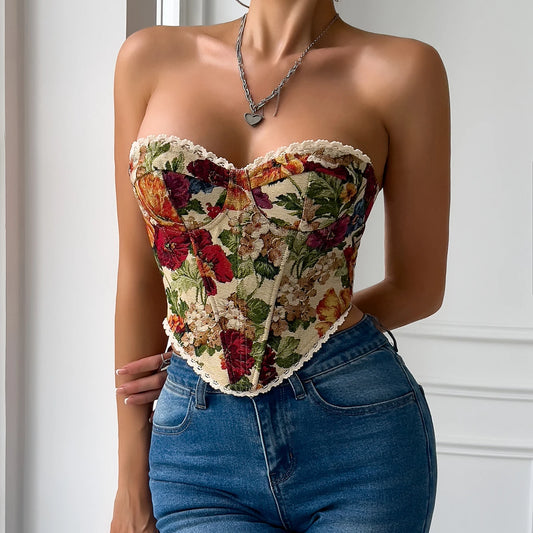 Y2K Retro Street Sleeveless Bare Shoulder Crop Top Lace Embroidery Floral Backless Strapless Corset
