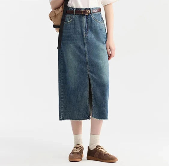 Denim Skirt With High Slit And Straight-Cut Skirt