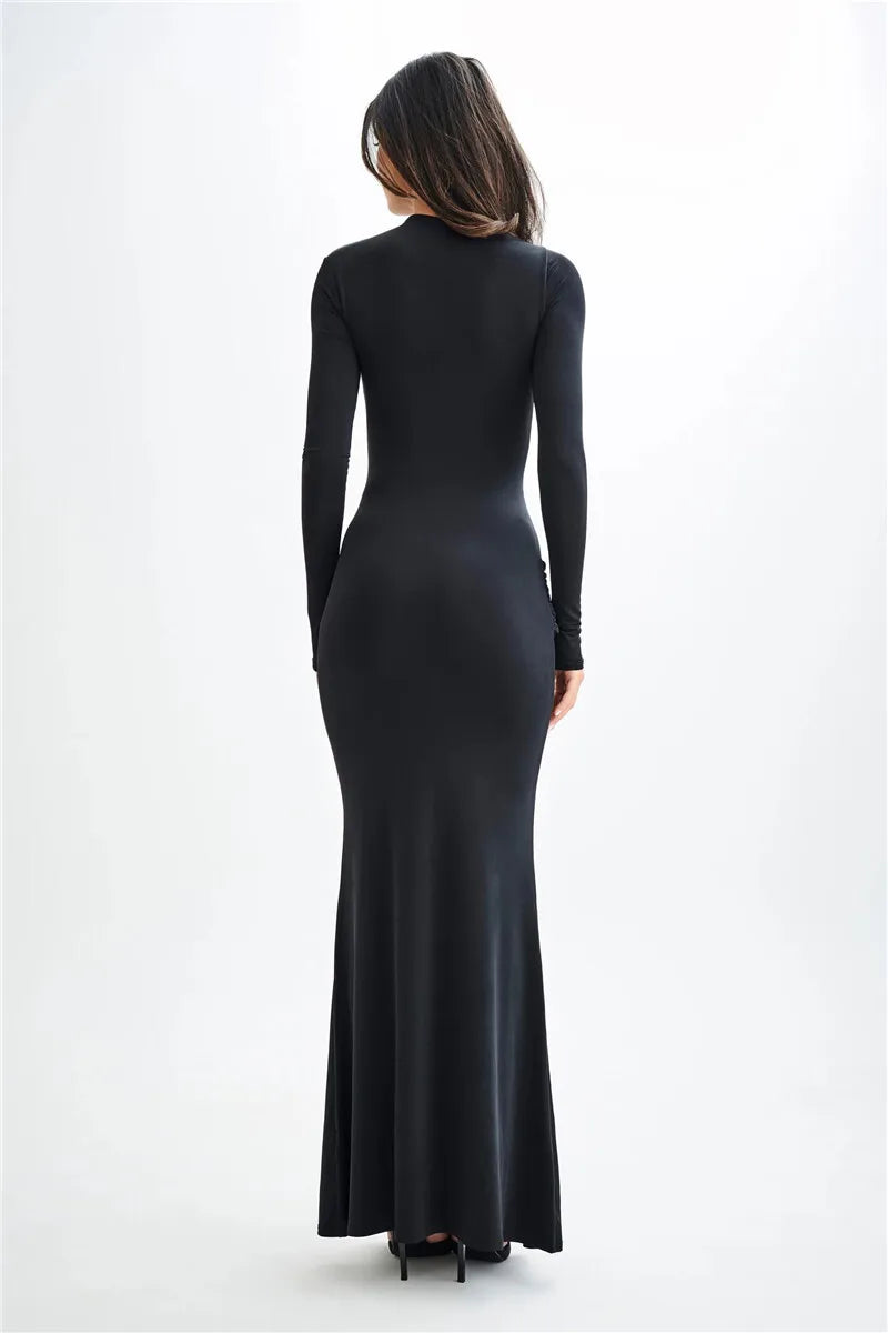 Moz Diagonal Collar Long Sleeve High Waist Ruched Long Dress