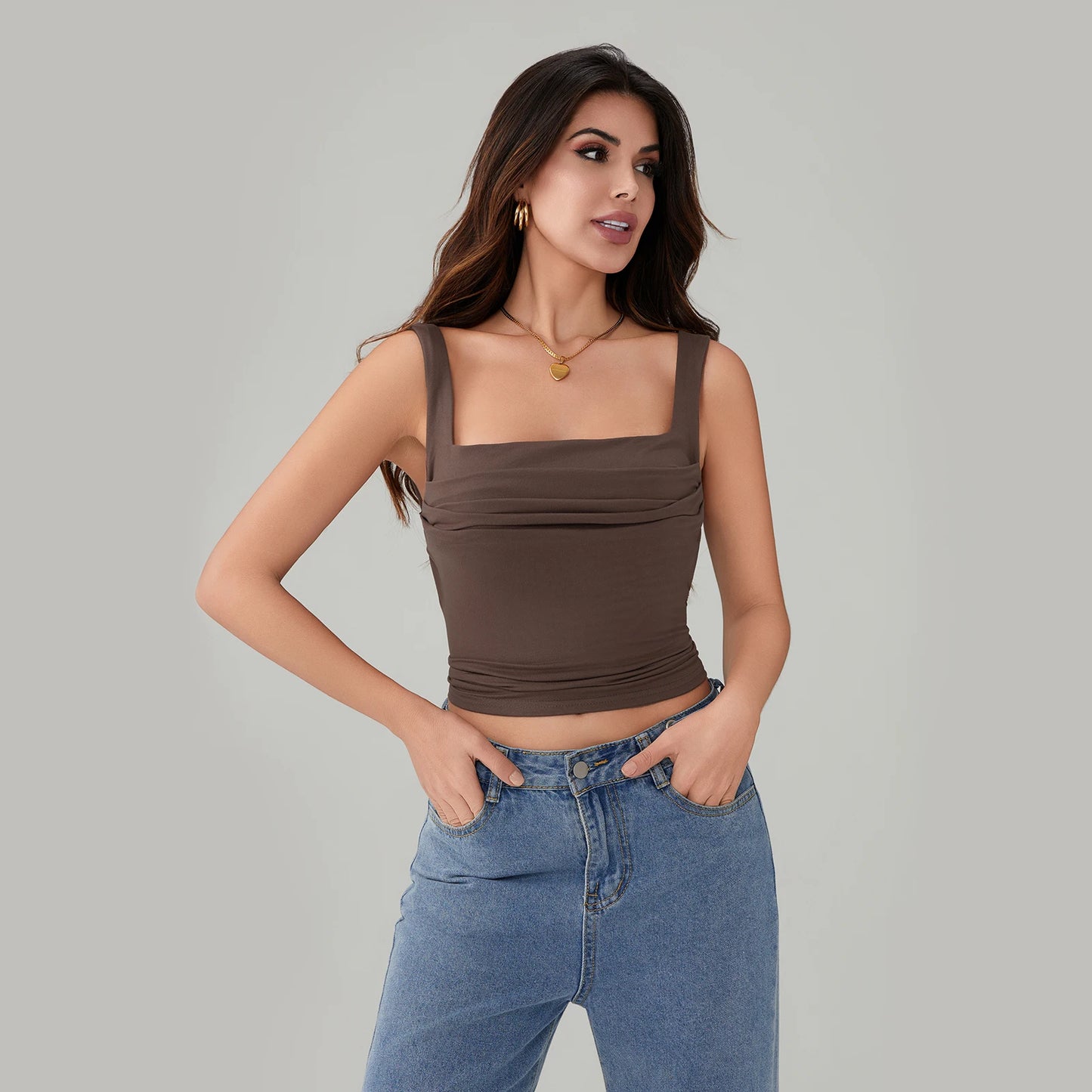 BG Tank Tops Backless Sleeveless Ruched Square Neck Slip Crop Tops