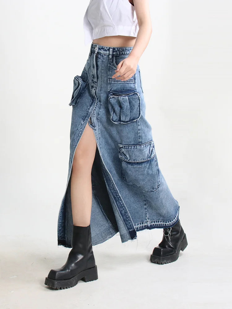 Denim High Waist Patchwork Pocket Skirt