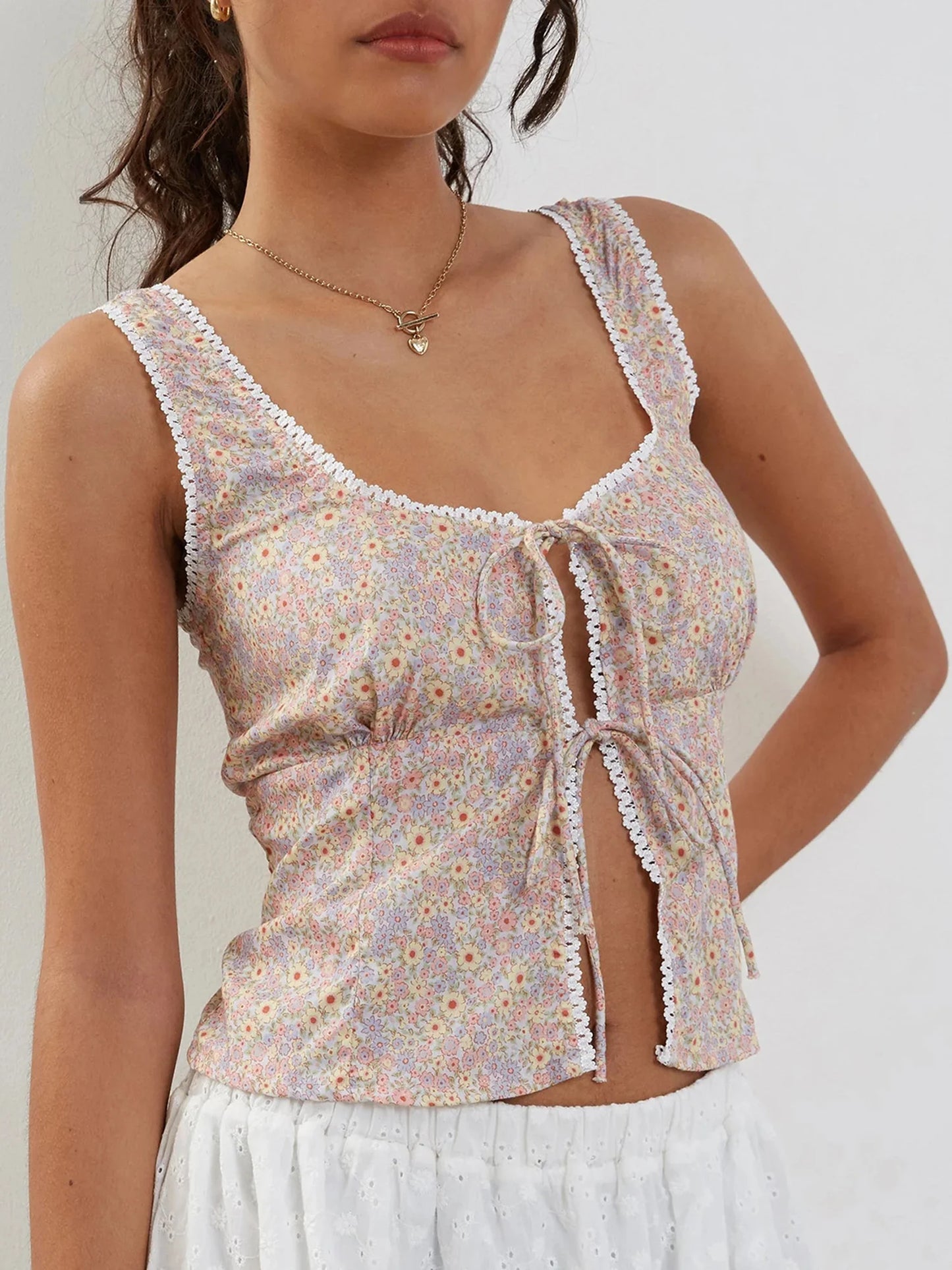 Mona BC Boho Halter Neck Sleeveless Floral Print Tie Front Cami Tank Crop Top