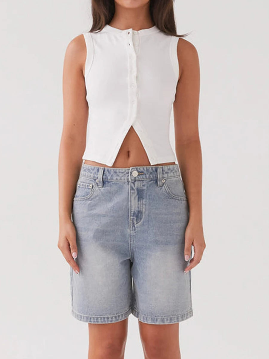 Vintage Ribbed Button Tank Tops Sleeveless Aesthetic Crop Top