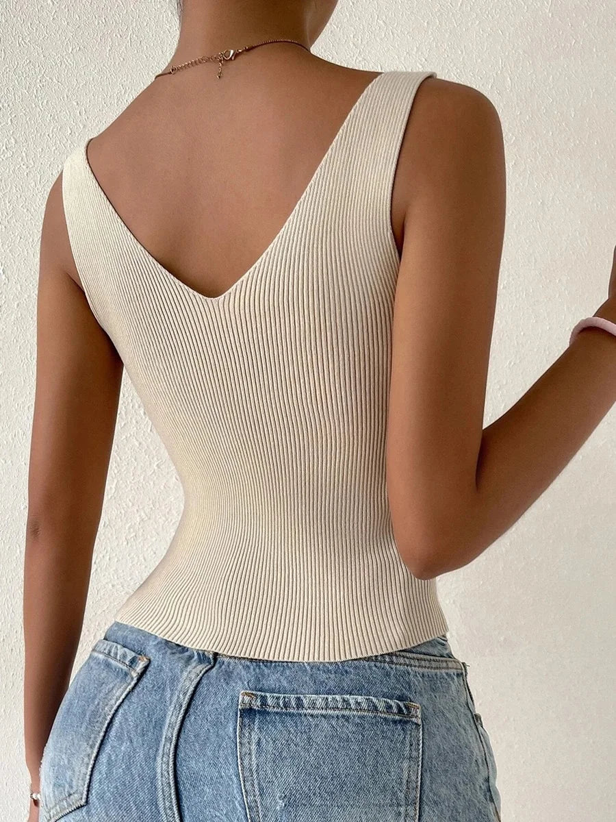 BC  Drawstring Front Ribbed Knit V Neck Sleeveless Top
