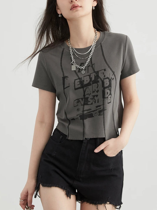 Elsy Slim Irregular Segmentation Letter Printed Short Sleeved T-Shirt