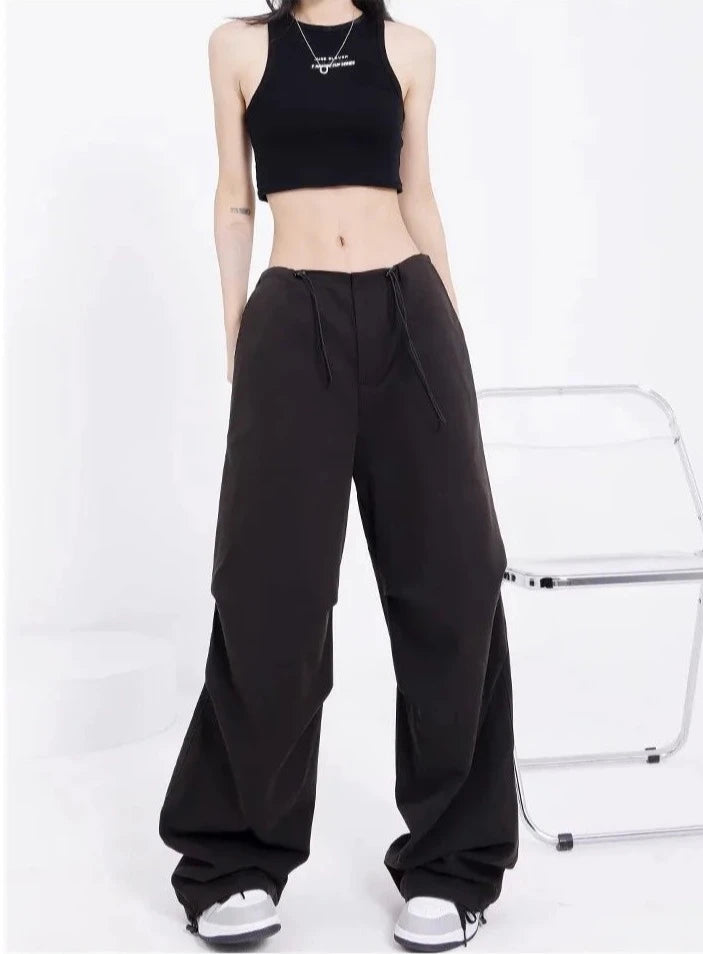 High Waist Drawstring Long Wide Leg Trousers