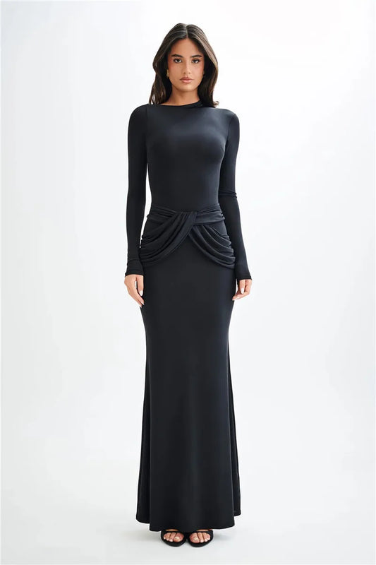 Moz Diagonal Collar Long Sleeve High Waist Ruched Long Dress
