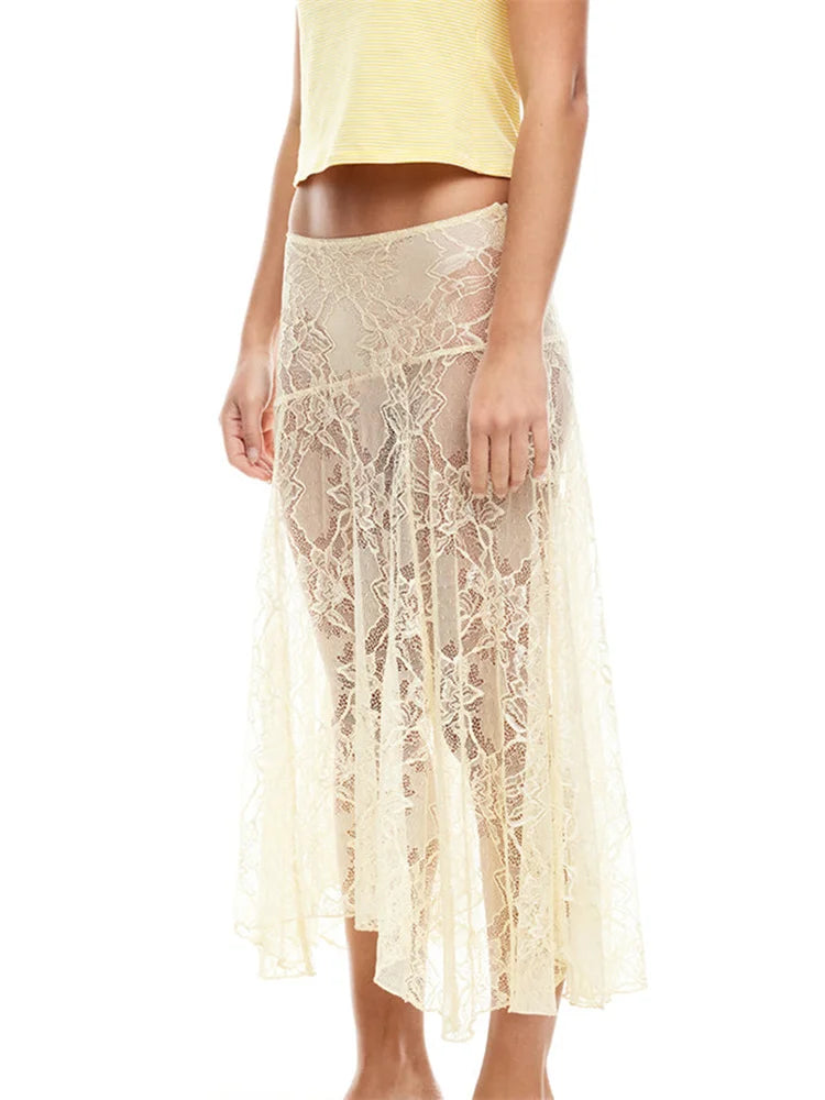 BC Floral Lace Irregular Hem Elastic Low Waist Skirts