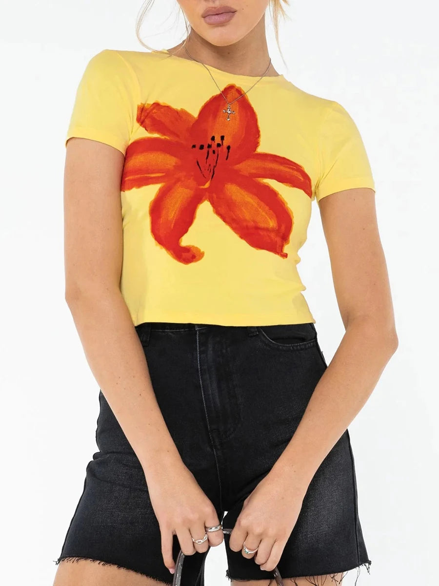 Lala Y2K Cropped Tee Tops Short Sleeve Crewneck Aesthetic Flower T-Shirt