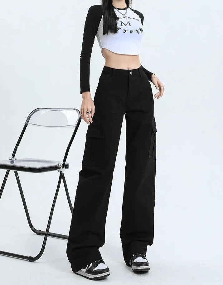 Cargo Straight Leg High Waist Pocket Trousers