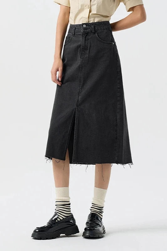 BG Denim High Waist Raw Edge Retro Versatile Skirt