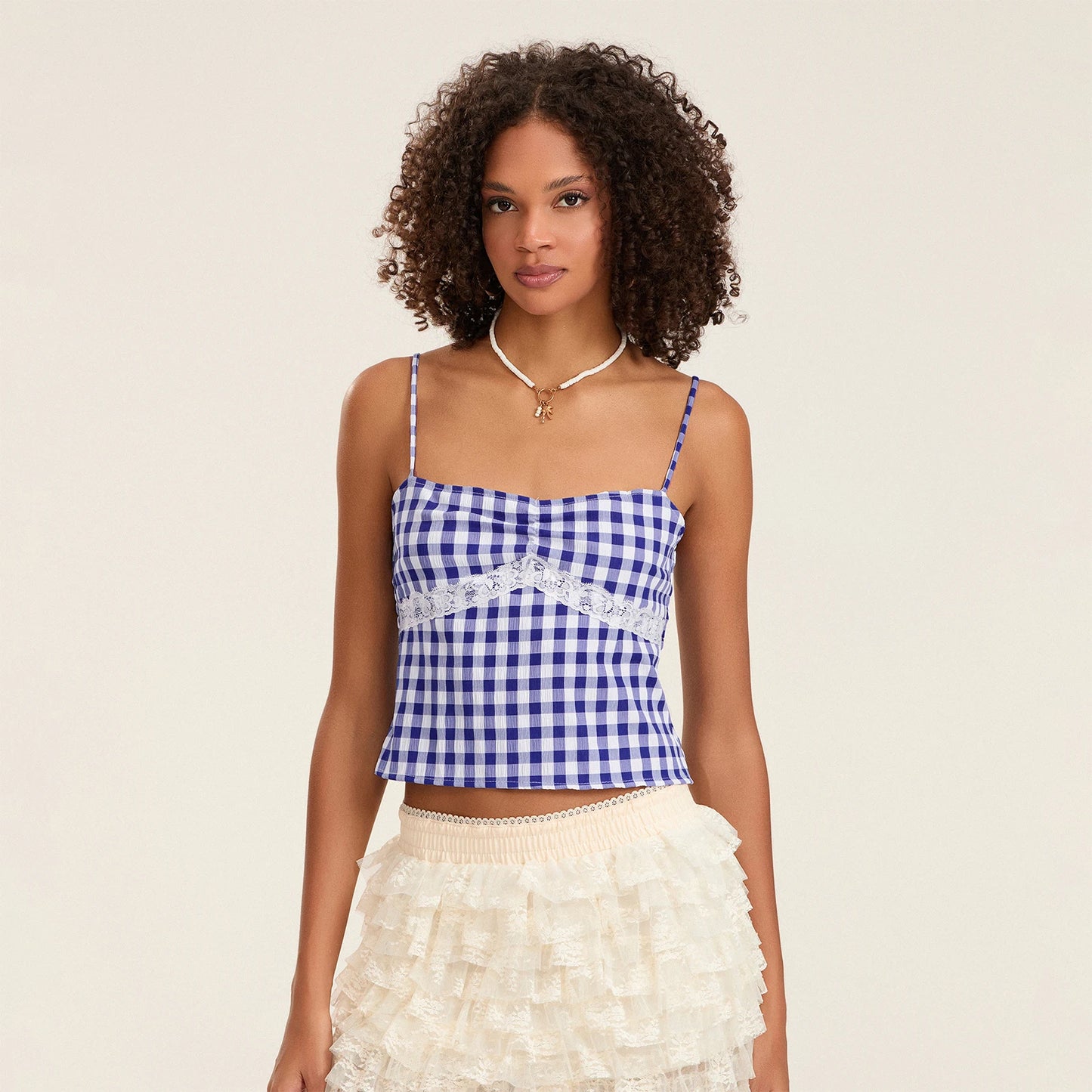 BC Straps Plaids Camis Sleeveless Lace Patchwork Low Cut Crop Tops