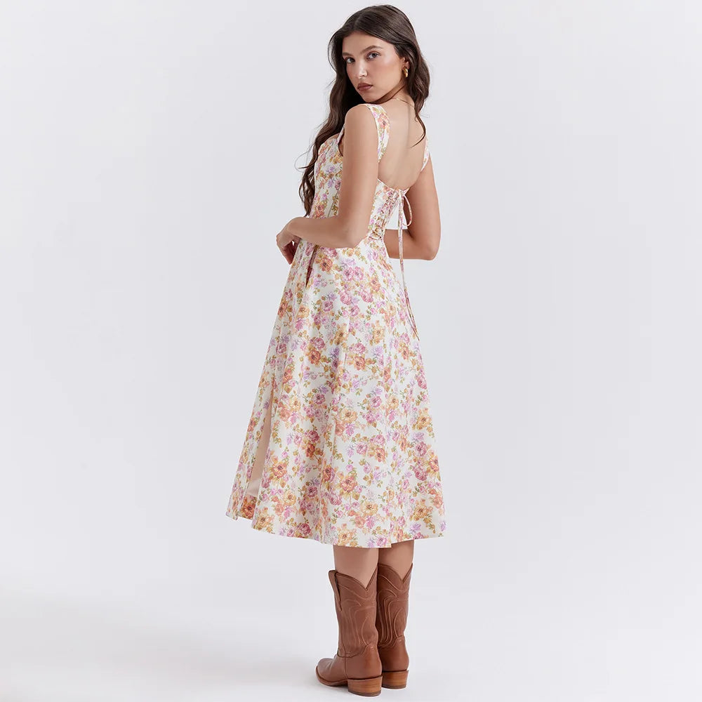 Suni Heart Lace-Up Floral Print Dress