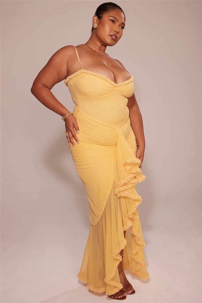 MU Ruffled Draped Ruched Maxi Dress